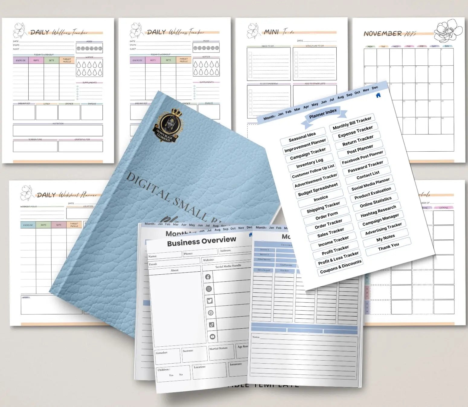 Digital Small Business Planner: Finance, Marketing & Goal Tracker (Printable PDF) Grown Black Glorious