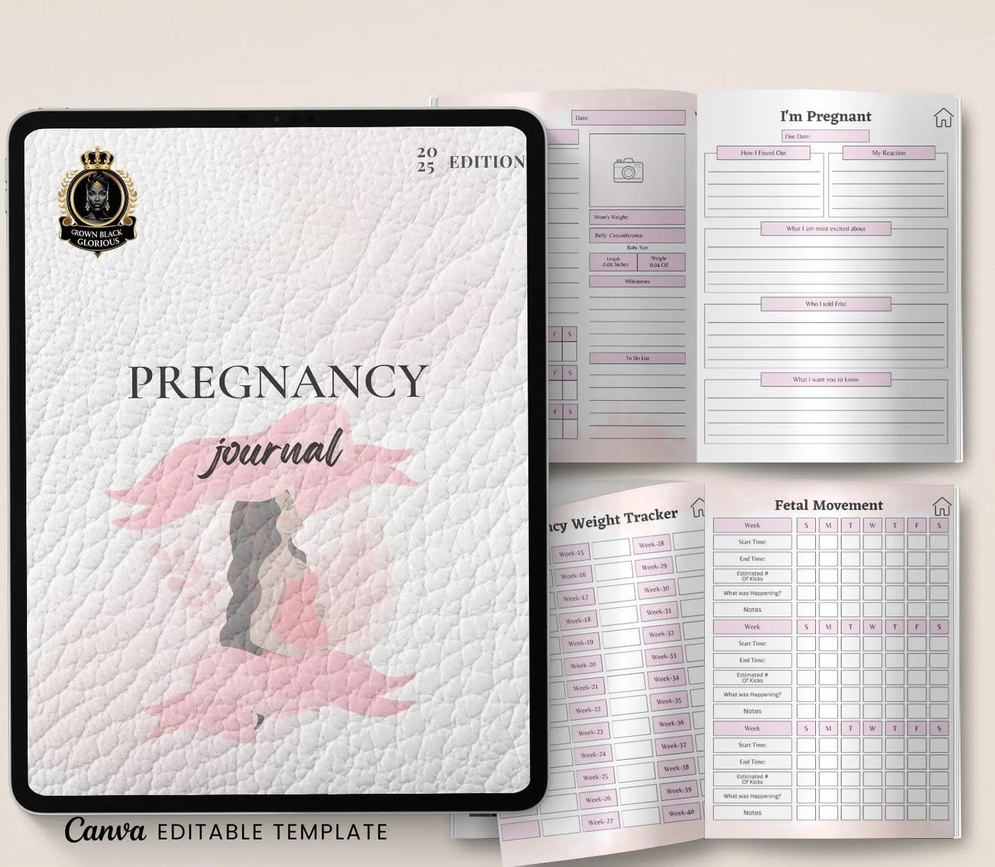 Digital Pregnancy Journal & Tracker: Weekly Symptom Log, Printable PDF Grown Black Glorious