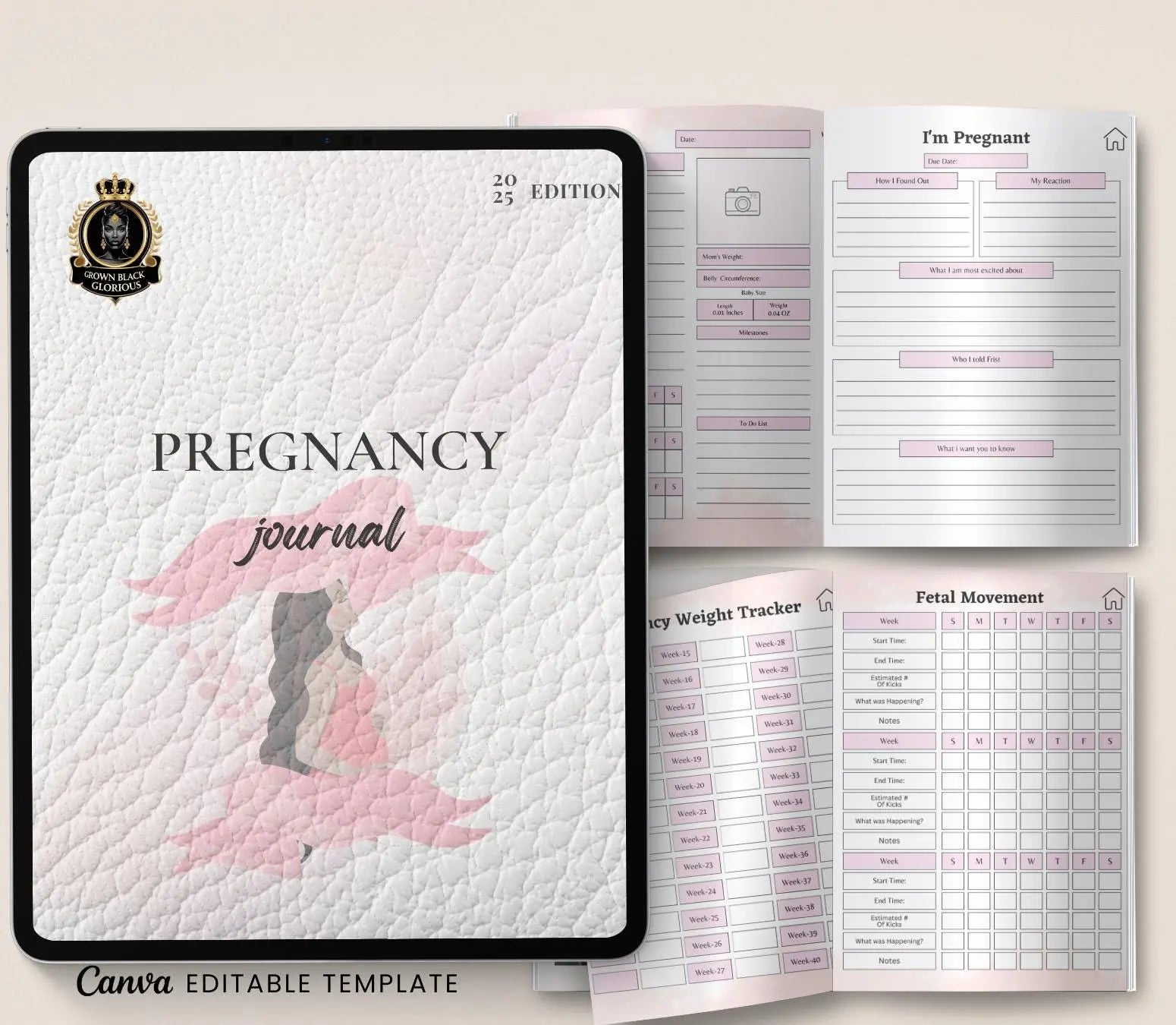 Digital Pregnancy Journal & Tracker: Weekly Symptom Log, Printable PDF Grown Black Glorious