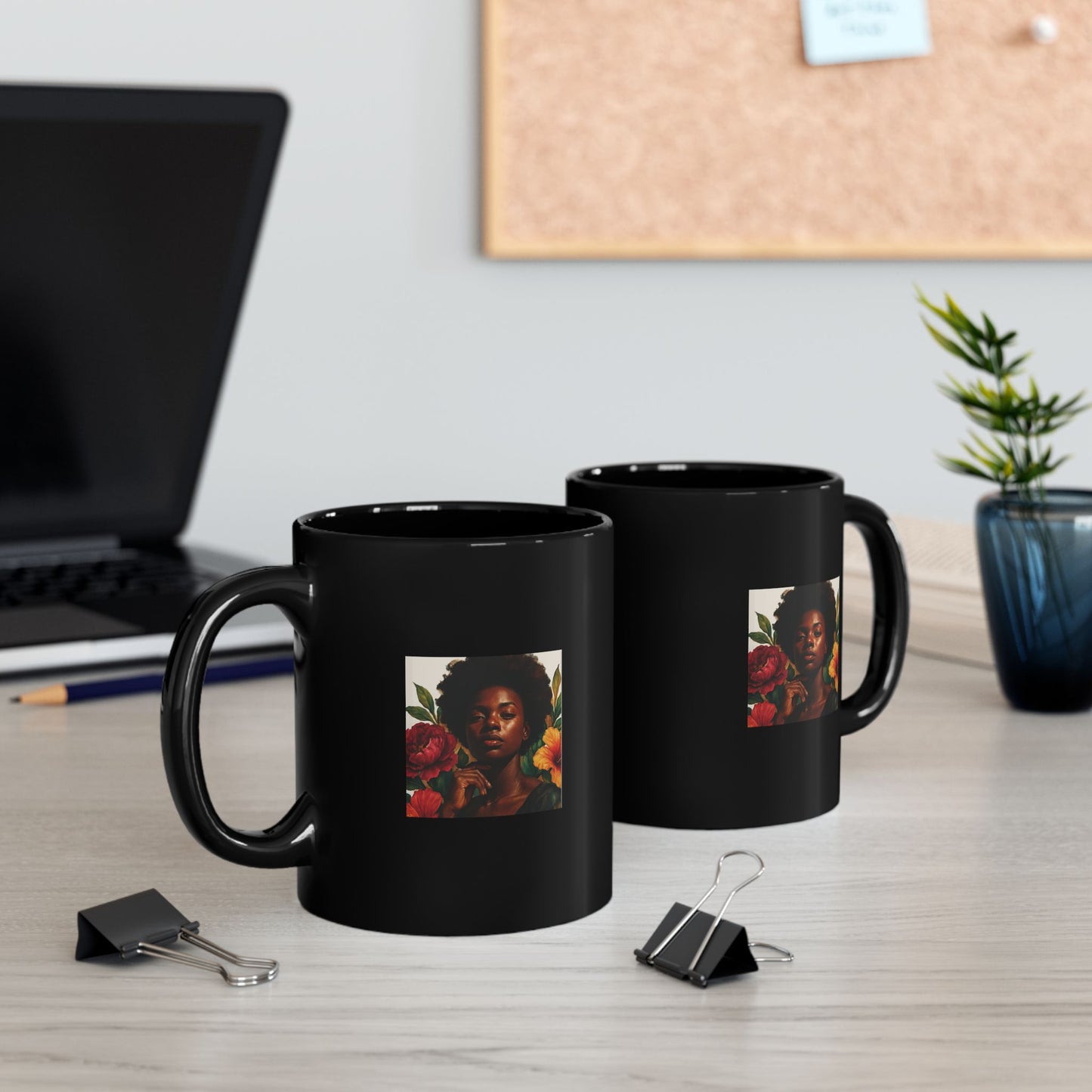 Glossy Black Floral Portrait Mug – Ceramic Coffee Cup (11oz & 15oz)