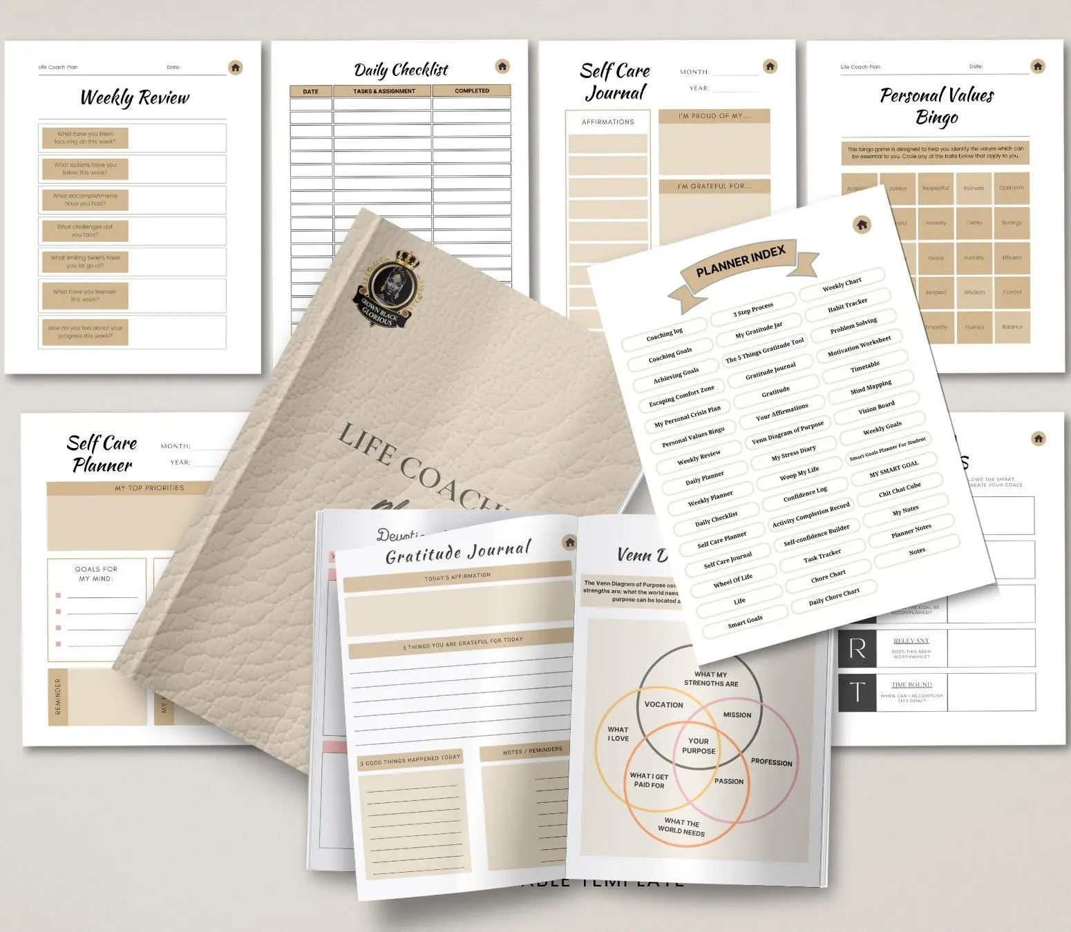 Digital Life Coaching Planner: Goal Setting & Mindset Journal (Printable PDF) Grown Black Glorious