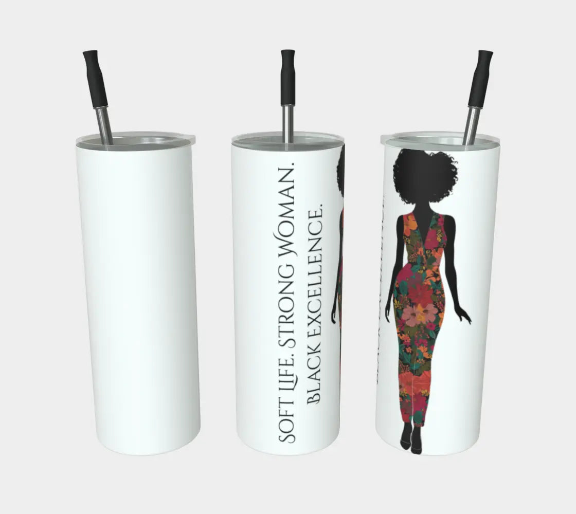 Afrocentric stainless steel tumbler for Black women featuring Soft Life and Black Excellence gold art design.