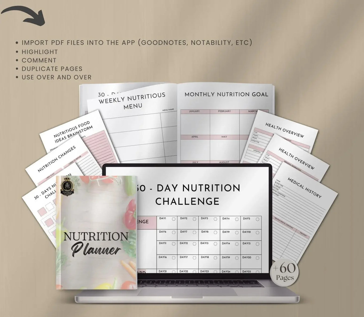 Nutrition Planner: Meal Prep, Food Journal, Calorie Tracker (PDF & Canva Template) Grown Black Glorious