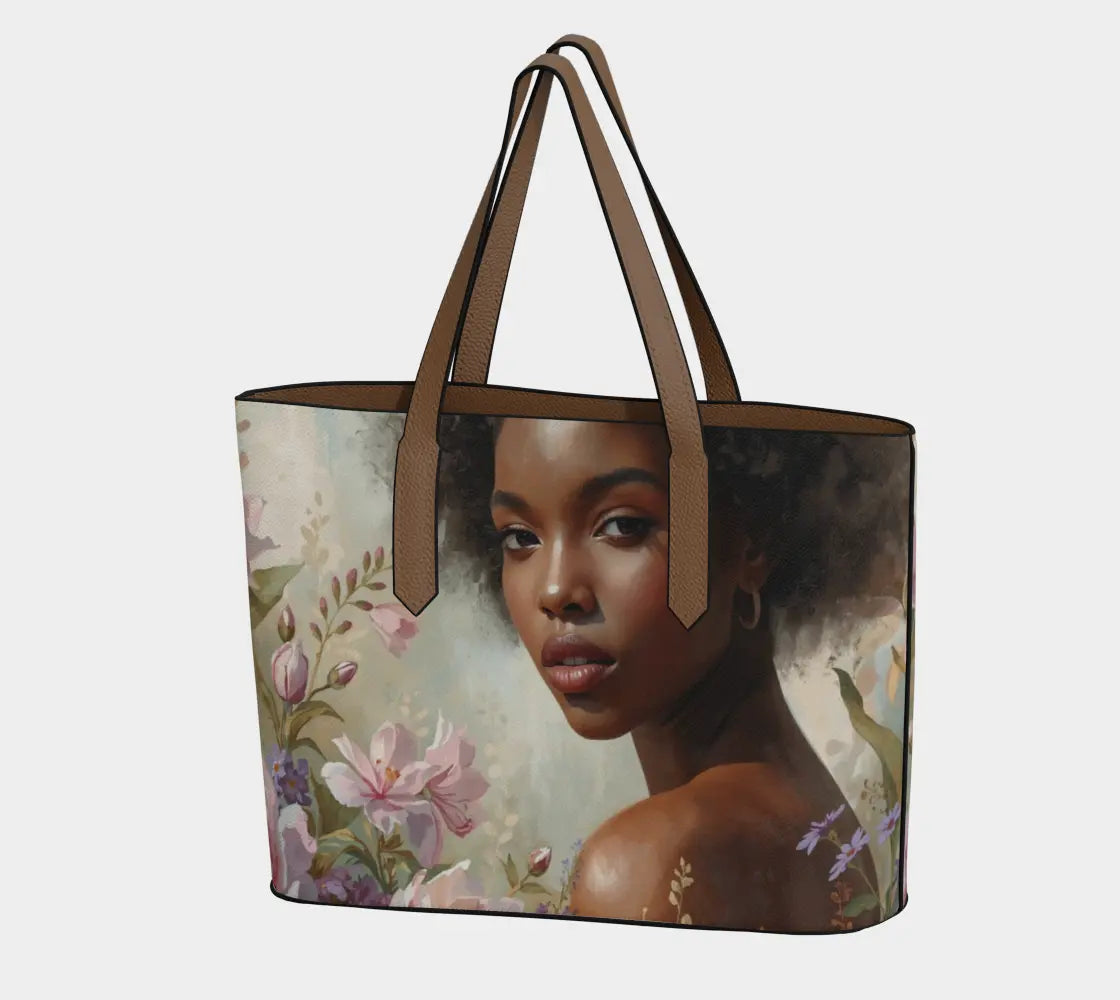 Tote bag with a design of a woman's face and floral elements on a light gray background