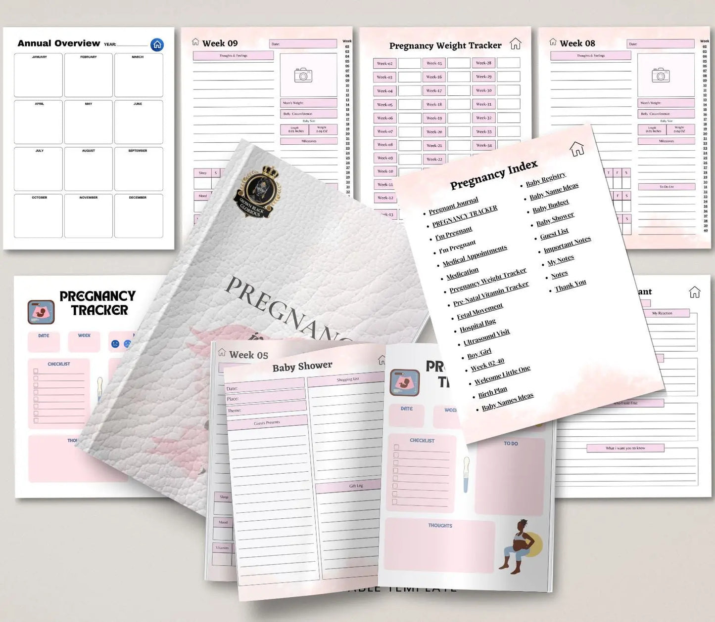 Digital Pregnancy Journal & Tracker: Weekly Symptom Log, Printable PDF Grown Black Glorious