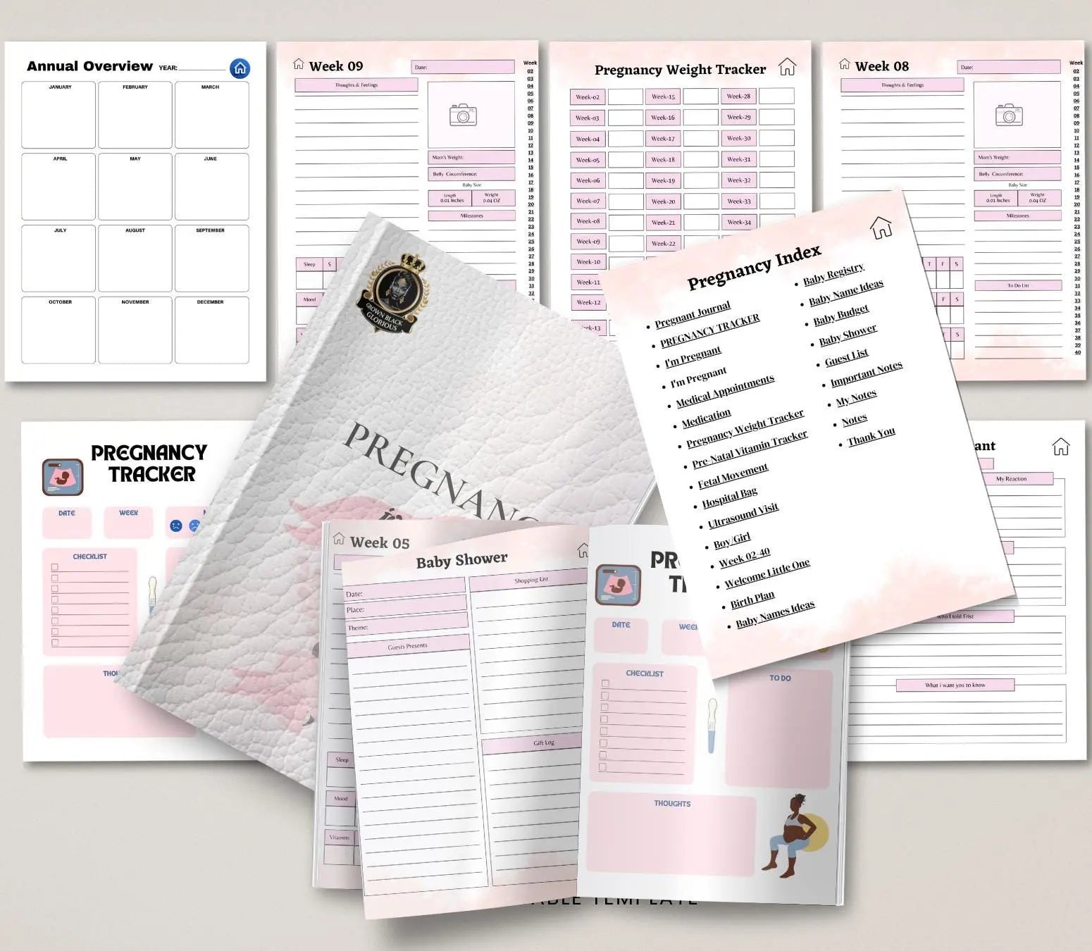 Digital Pregnancy Journal & Tracker: Weekly Symptom Log, Printable PDF Grown Black Glorious