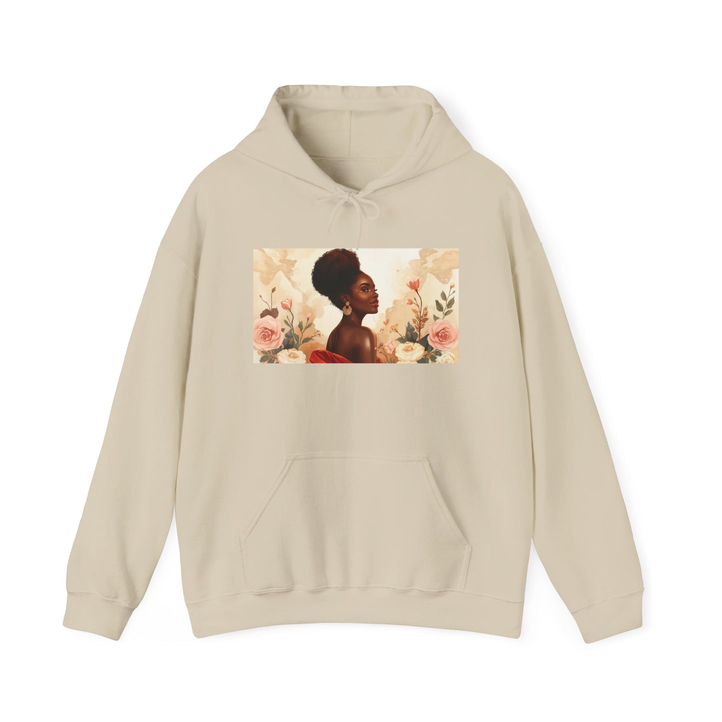 Afrocentric hoodie featuring painted portrait of Black woman framed by roses on front chest