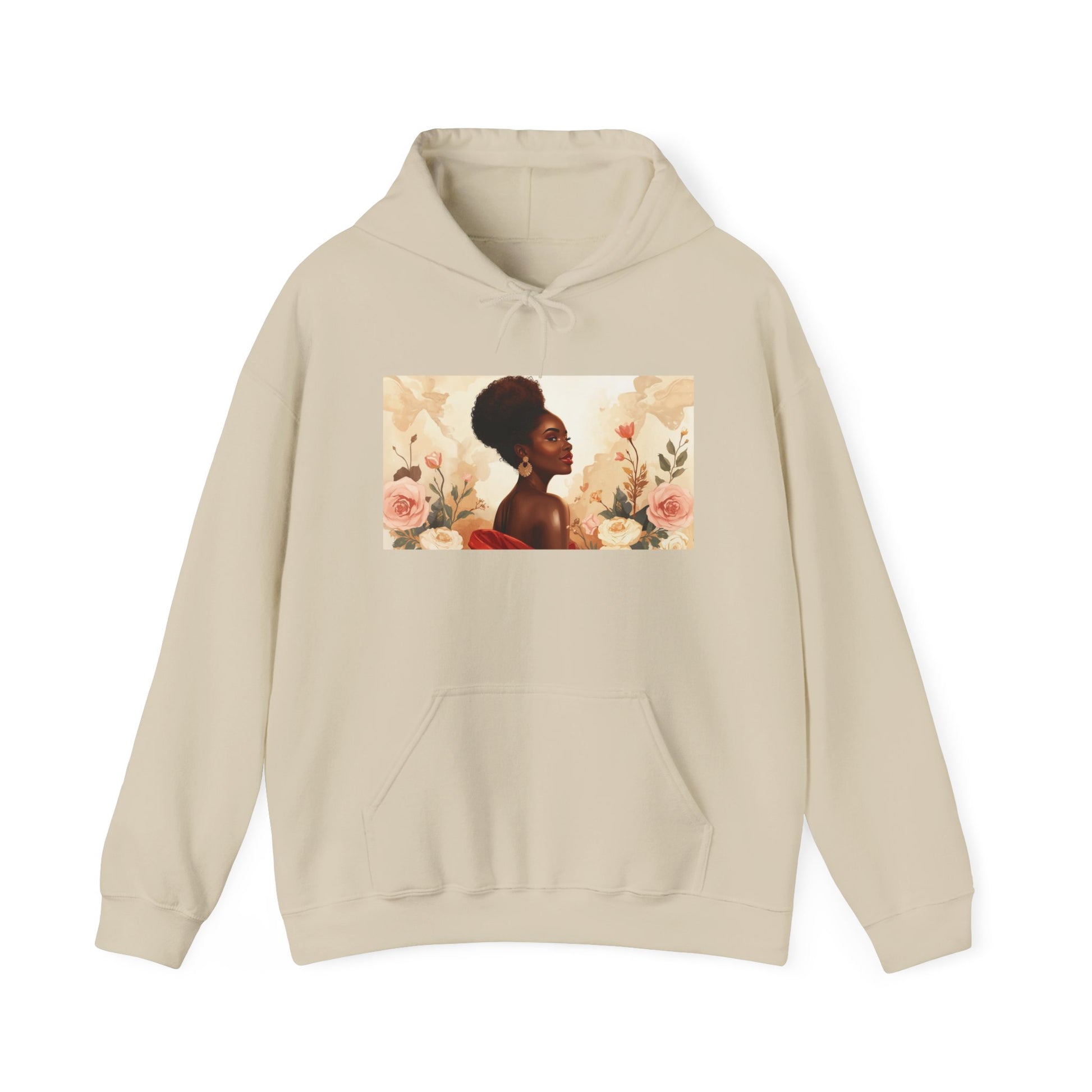 Afrocentric hoodie featuring painted portrait of Black woman framed by roses on front chest