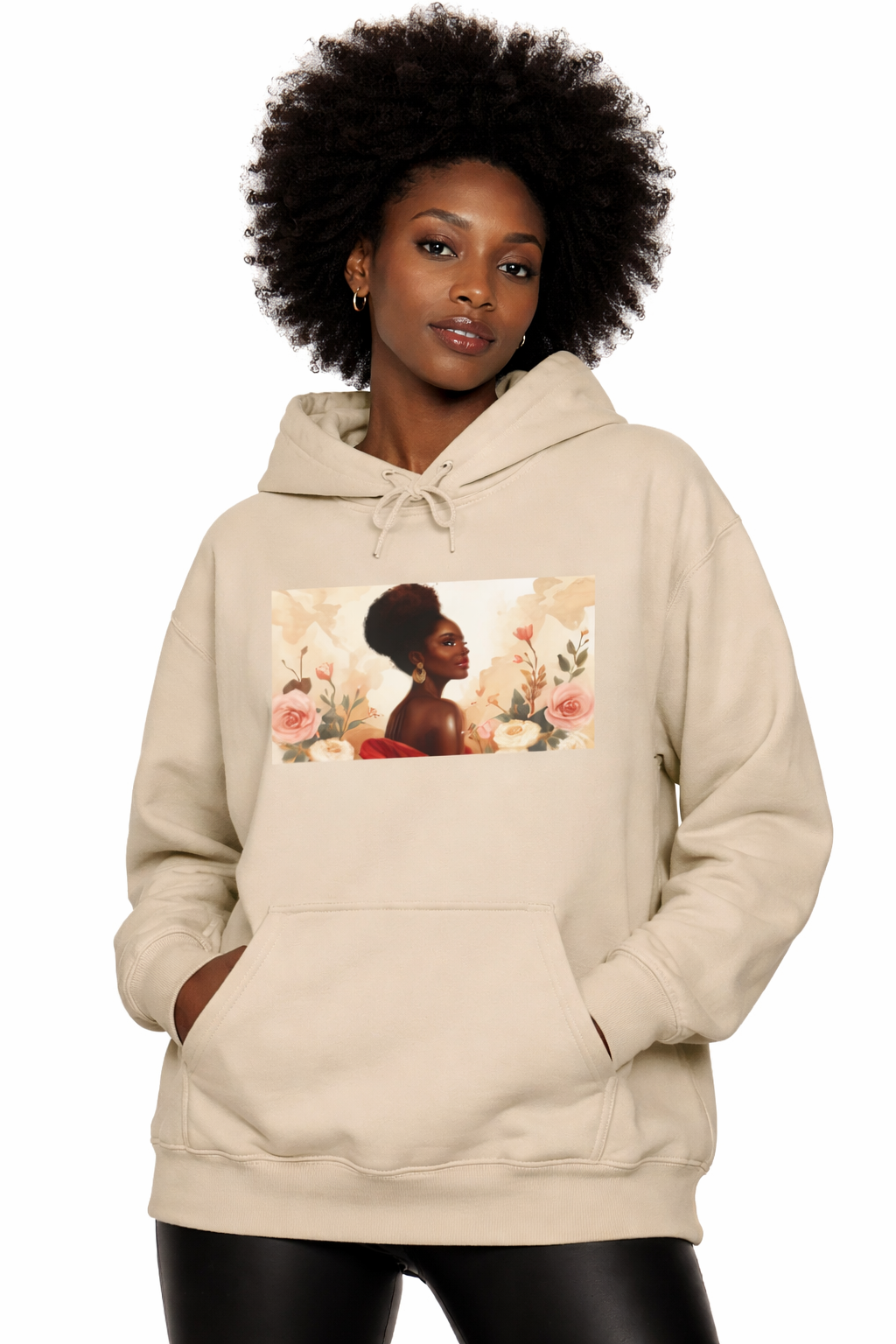 Elegant Black Woman Afro Hoodie – Floral Art Graphic Sweatshirt