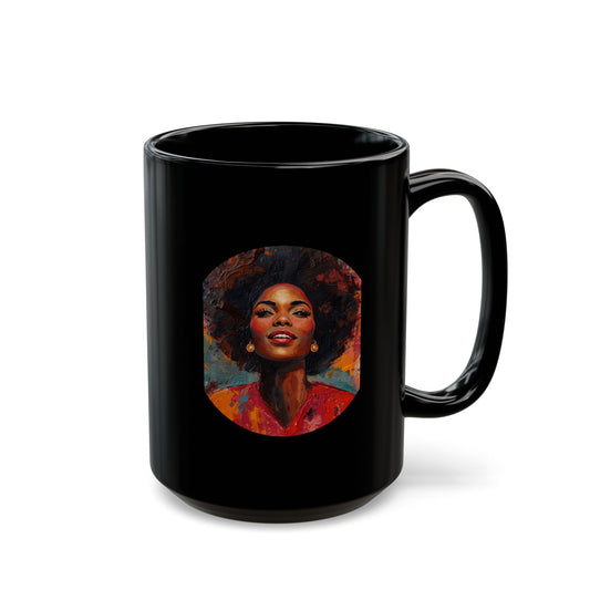 Black ceramic coffee mug with Afro woman portrait artwork on glossy finish, available in 11oz and 15oz sizes.