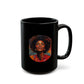 Black ceramic coffee mug with Afro woman portrait artwork on glossy finish, available in 11oz and 15oz sizes.