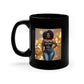 Glossy black 11oz ceramic coffee mug featuring bold Black woman photo artwork with comfortable C-shaped handle.
