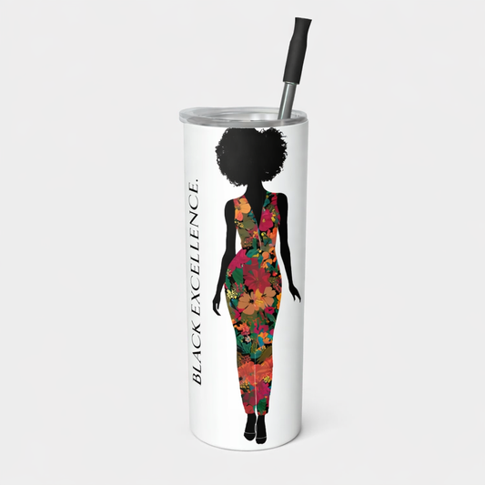 Double-wall stainless steel 20oz travel tumbler with floral silhouette of a Black woman and vertical “Black Excellence” affirmation design.