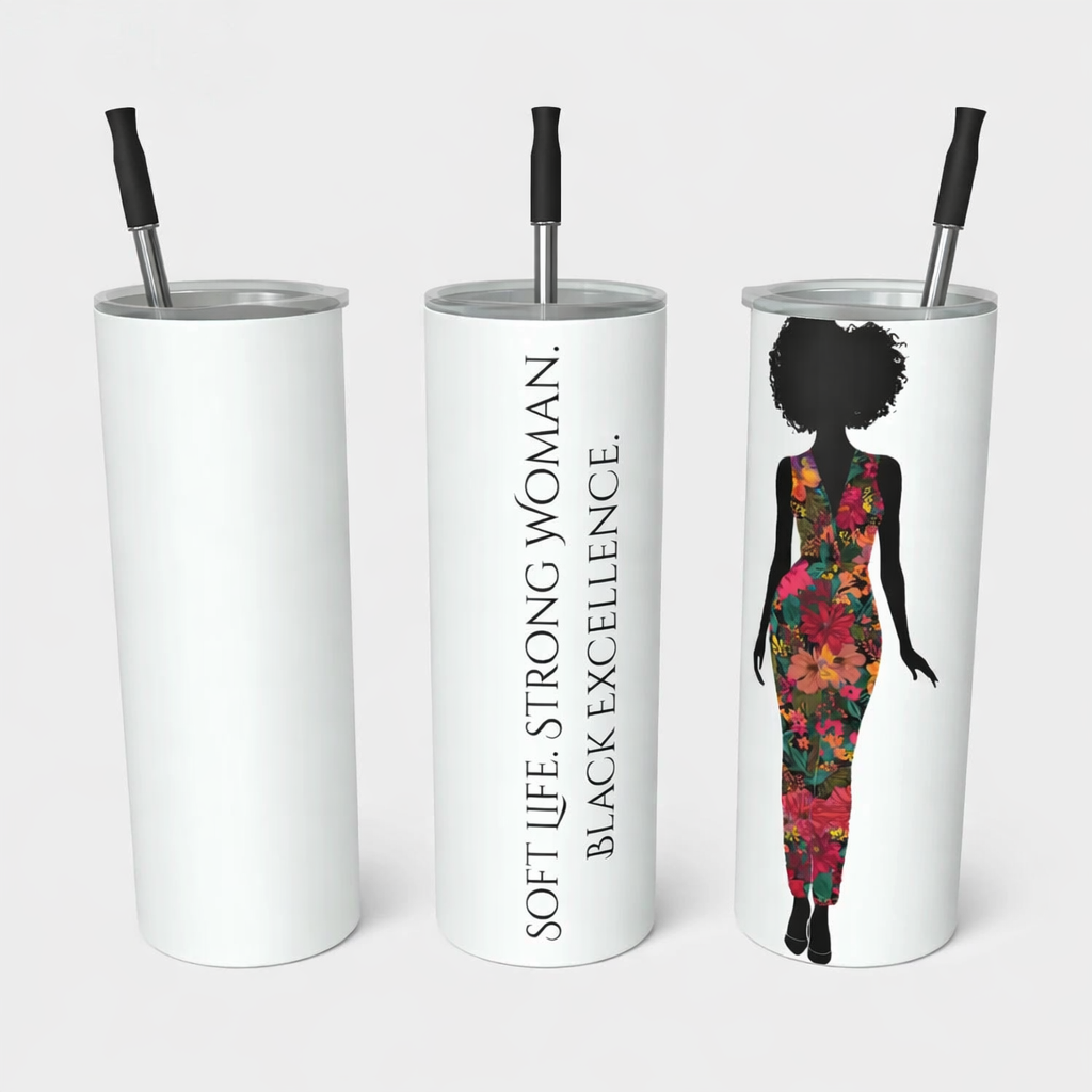 Double-wall stainless steel 20oz travel tumbler with floral silhouette of a Black woman and vertical “Black Excellence” affirmation design.