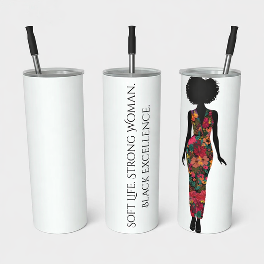 Double-wall stainless steel 20oz travel tumbler with floral silhouette of a Black woman and vertical “Black Excellence” affirmation design.