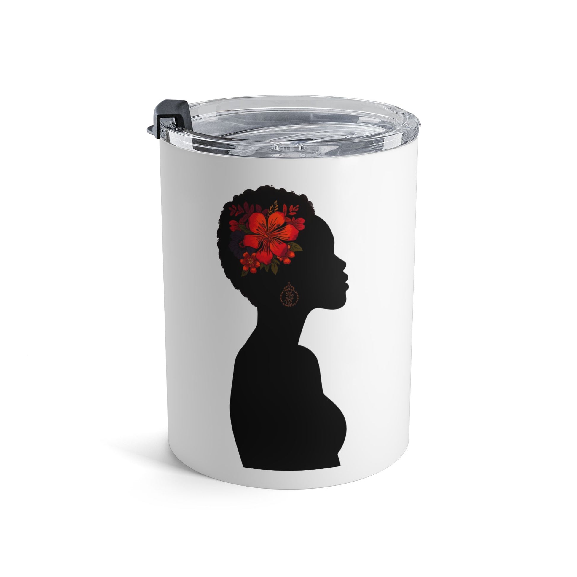 Compact 10oz stainless steel tumbler with Black woman profile design and red rose accent, vacuum insulated and dishwasher safe.