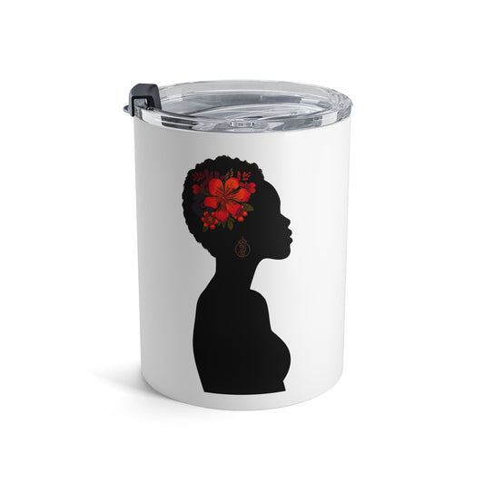 Compact 10oz stainless steel tumbler with Black woman profile design and red rose accent, vacuum insulated and dishwasher safe.