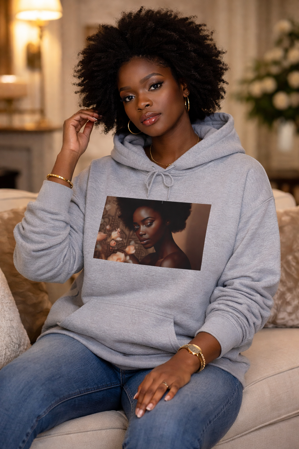 Gray Black woman graphic hoodie featuring warm floral portrait design.
