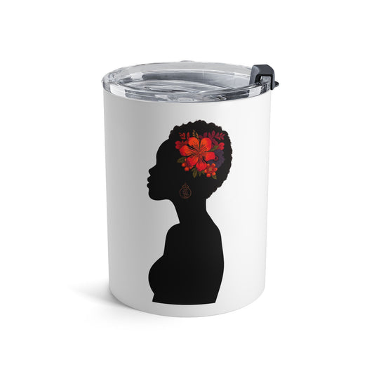 White 10oz stainless steel insulated tumbler featuring Black woman silhouette artwork with red rose detail.