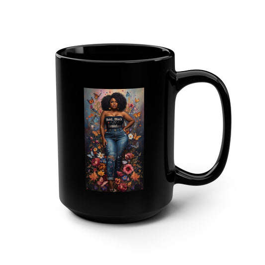 Black mug with a colorful design of a bold, black, boundless black woman and flowers on a white background