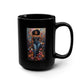 Black mug with a colorful design of a bold, black, boundless black woman and flowers on a white background