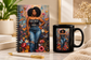Bold Black & Boundless gift set featuring a colorful Black woman floral spiral journal and matching 15 oz glossy black ceramic mug.