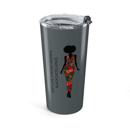 Charcoal 20oz stainless steel insulated tumbler featuring Black Excellence affirmation artwork with slide-top lid and vacuum insulation.
