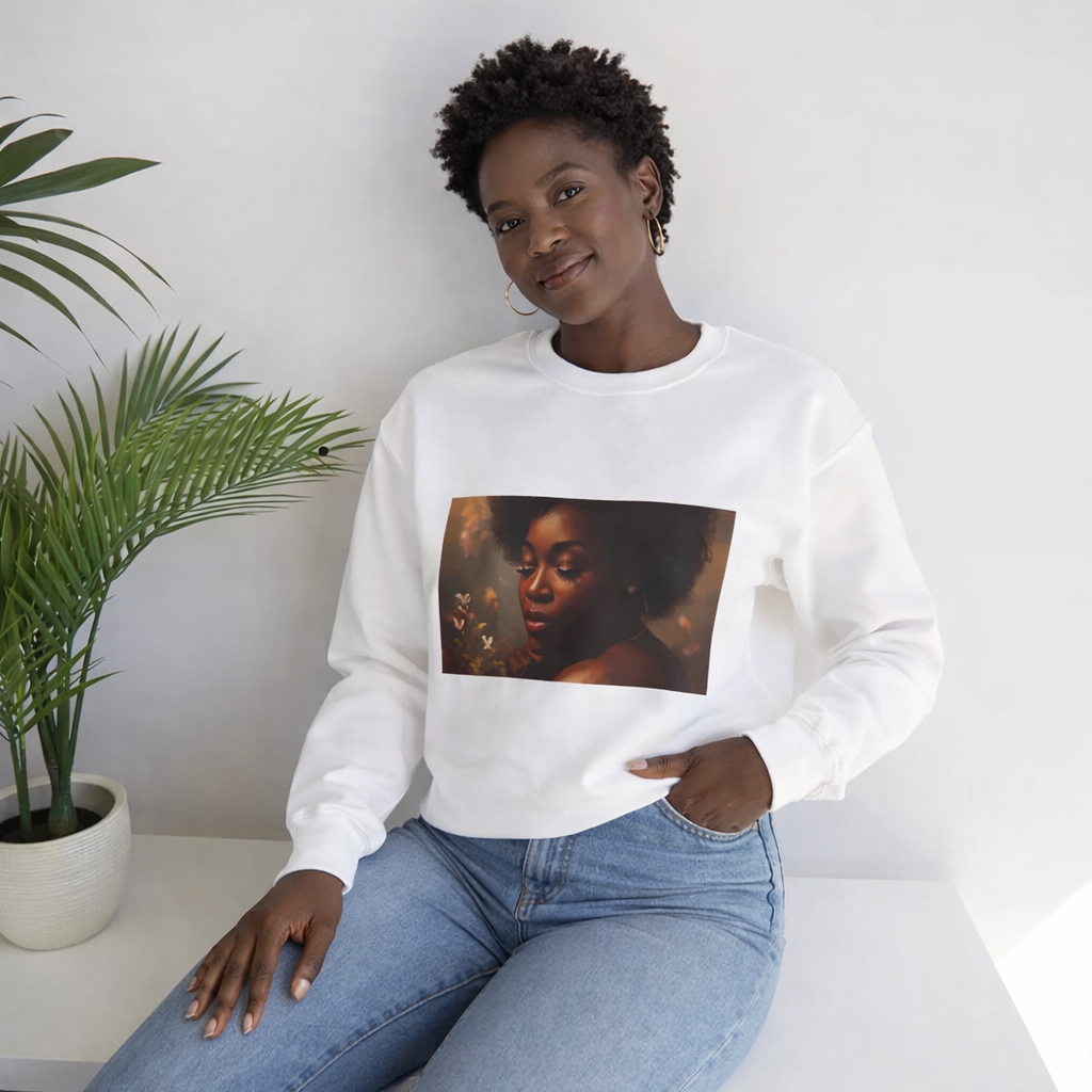 Moody Afrocentric portrait sweatshirt with soft floral lighting and relaxed fit