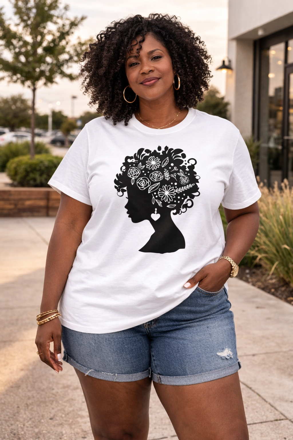 Confident Black woman in her 40s styled in beige shorts and white cotton tee featuring black floral afro profile artwork.