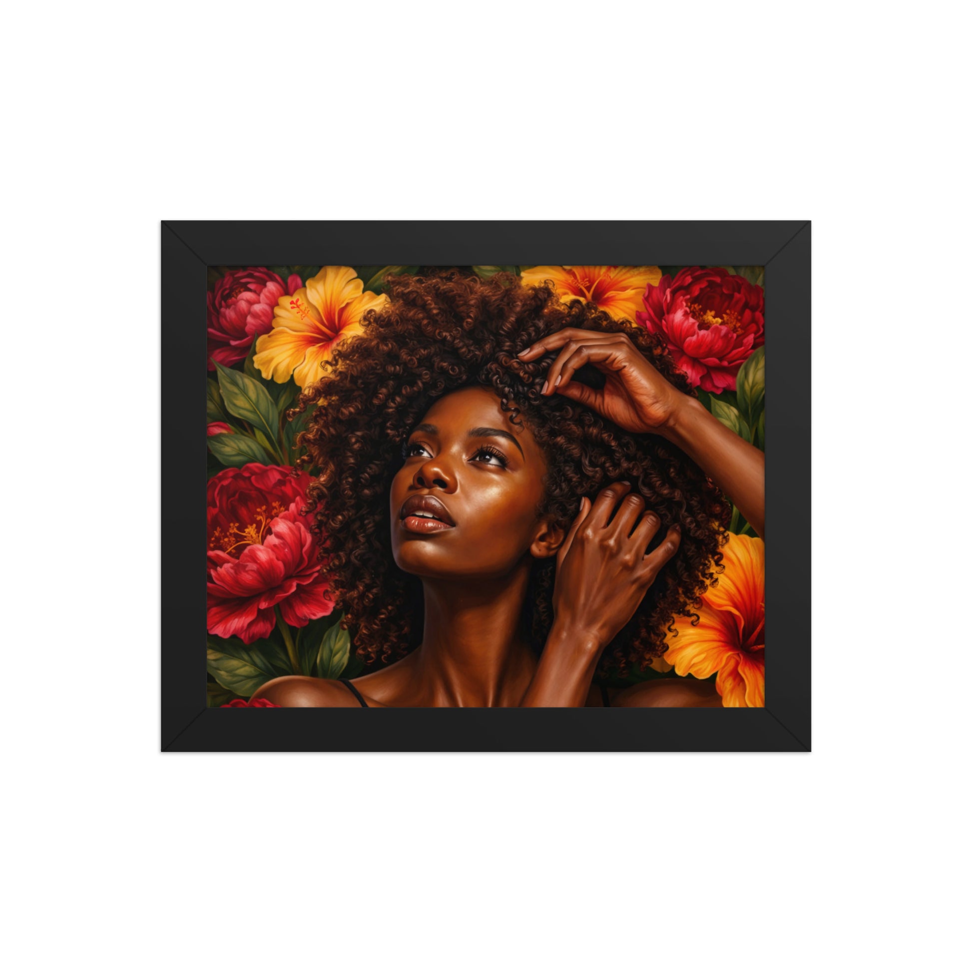 Framed fine art print of a Black woman surrounded by vibrant red and orange florals looking upward in quiet strength, emotional healing wall art for Black women by Grown Black Glorious