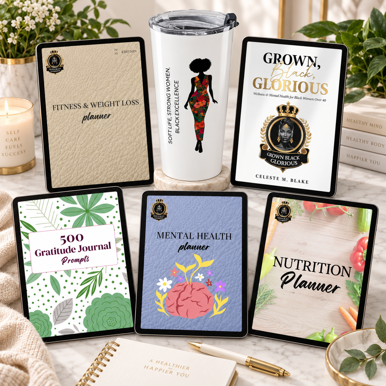 Wellness Planner Bundle for Black Women – Fitness, Nutrition, Self-Care + 20 oz Tumbler