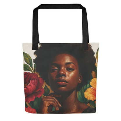 Floral Goddess tote bag featuring elegant Afrocentric Black woman portrait surrounded by flowers, stylish empowerment canvas bag.