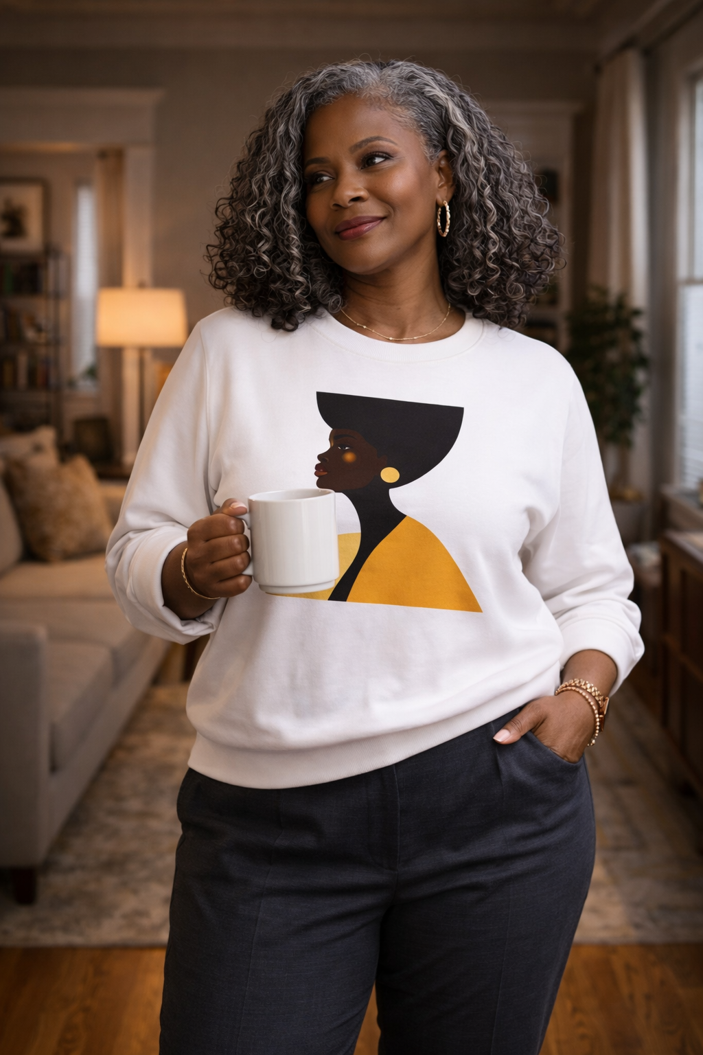 Afro Minimalist Profile Sweatshirt Golden Aura of a Black Woman  – Black Woman Silhouette Crewneck, Afrocentric Aesthetic Graphic Pullover Gift for Her