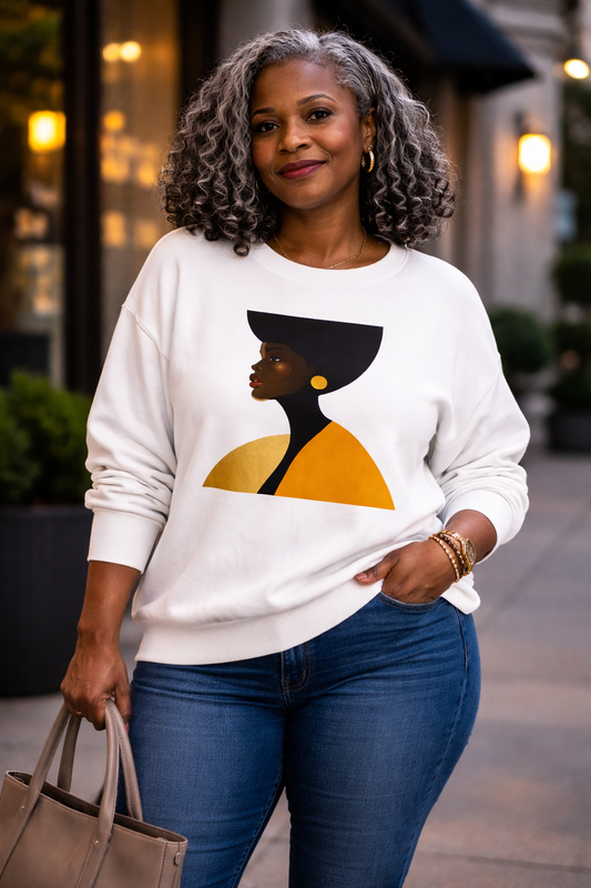 Afro Minimalist Profile Sweatshirt Golden Aura of a Black Woman  – Black Woman Silhouette Crewneck, Afrocentric Aesthetic Graphic Pullover Gift for Her