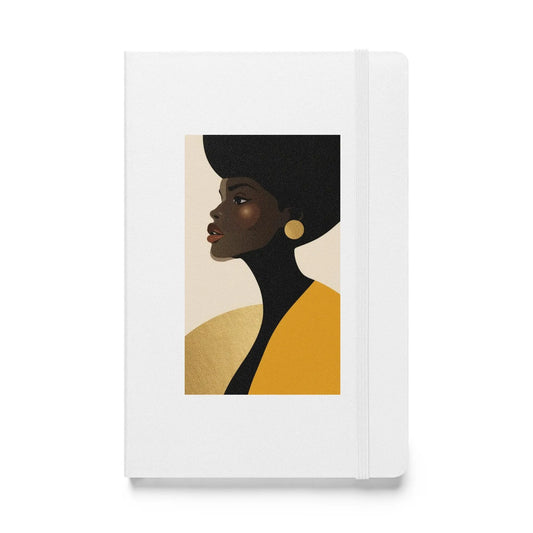 Modern African art hardcover journal featuring minimalist Black woman portrait with gold tones and elastic closure.