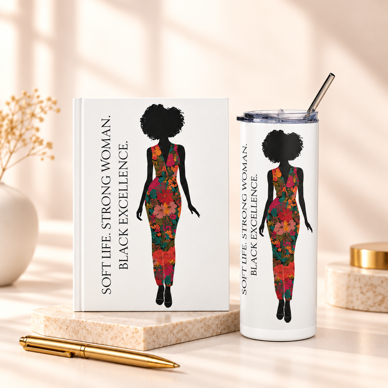 White 20 oz stainless steel Soft Life Strong Woman tumbler and line journal With black woman with flower clothing.