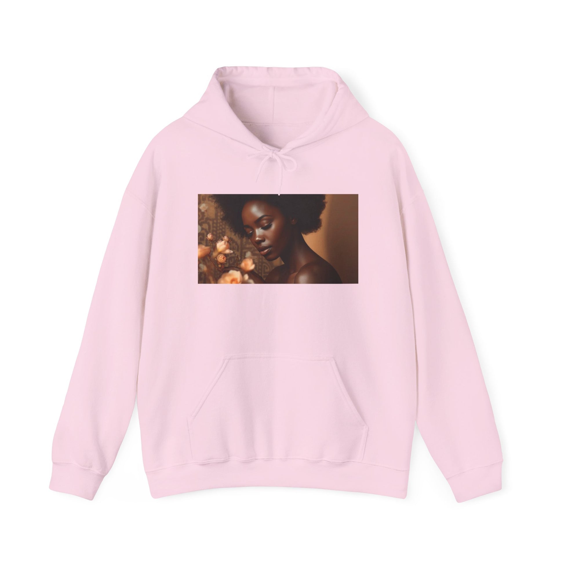 Pink Black woman graphic hoodie featuring warm brown floral portrait artwork.