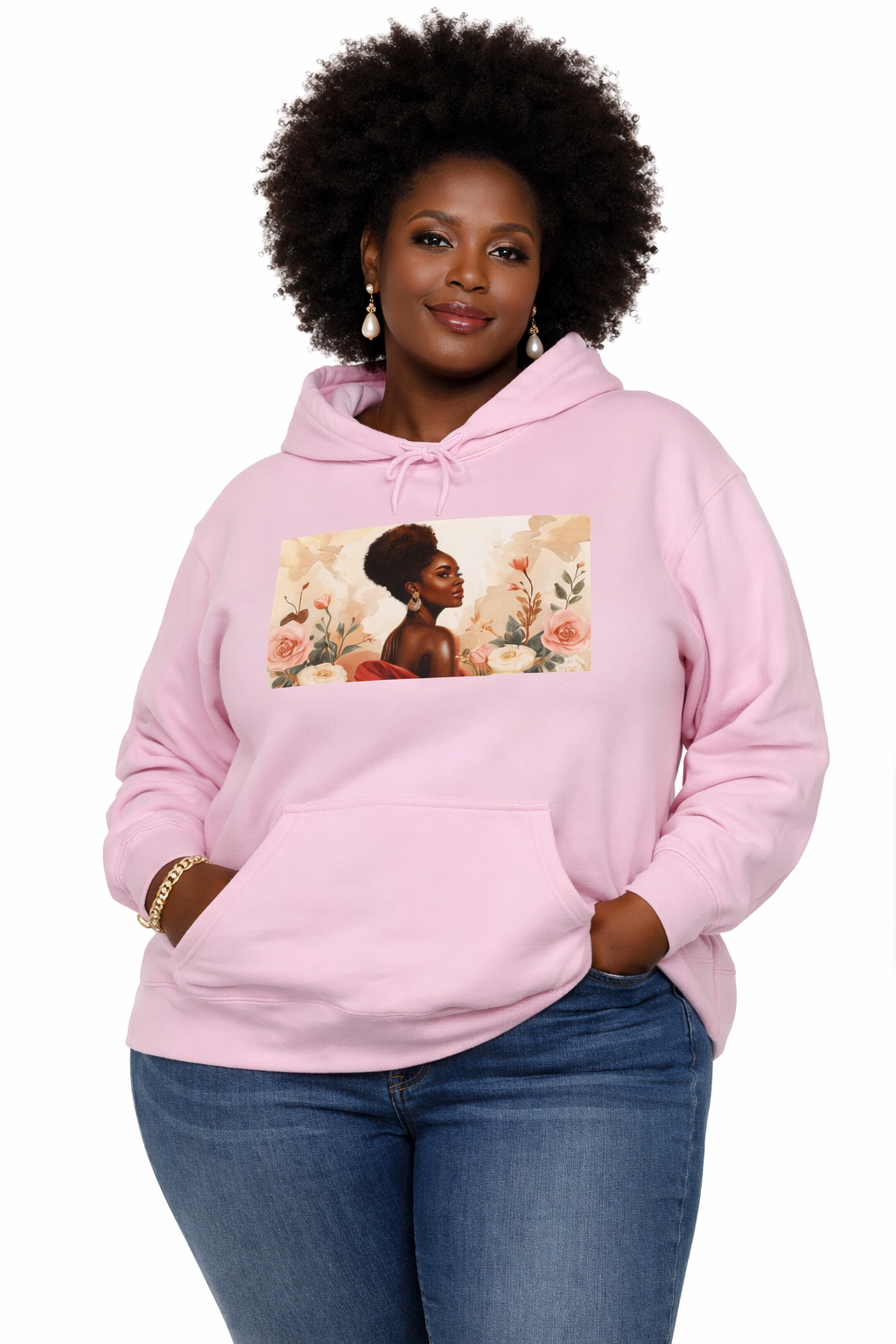 Plus Size Black Woman Pink Hoodie – Floral Portrait Graphic Sweatshirt with Jeans