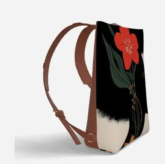 Black Woman Vegan Leather Backpack – Afrocentric Luxury Bag with Red Flower Art | Empowering Fashion for Modern Melanin Queens Grown Black Glorious