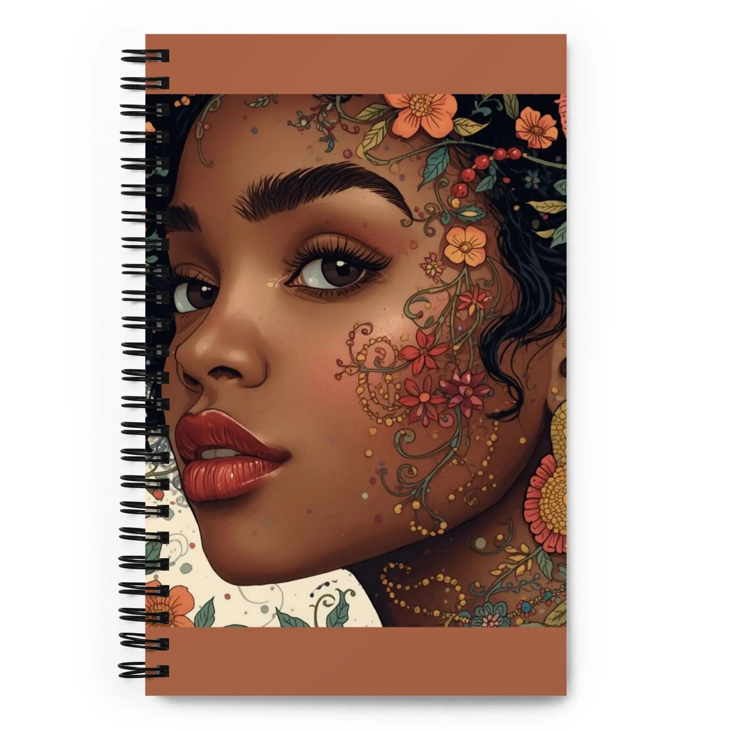 Afrocentric spiral journal featuring floral Black women portrait art with dotted pages and lay-flat metal binding.