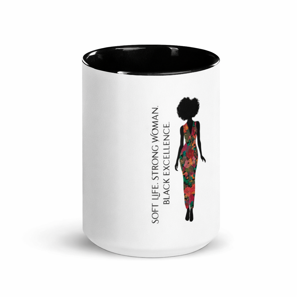 White ceramic black woman affirmation mug with black interior featuring “Soft Life Strong Woman Black Excellence” text and floral silhouette artwork for intentional self-care rituals.