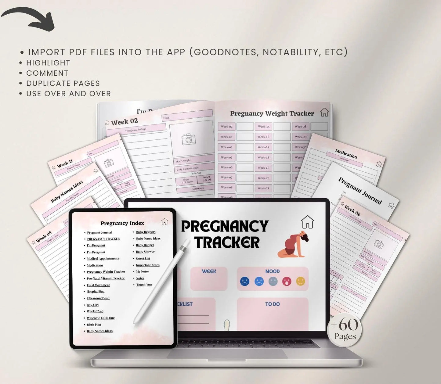 Digital Pregnancy Journal & Tracker: Weekly Symptom Log, Printable PDF Grown Black Glorious