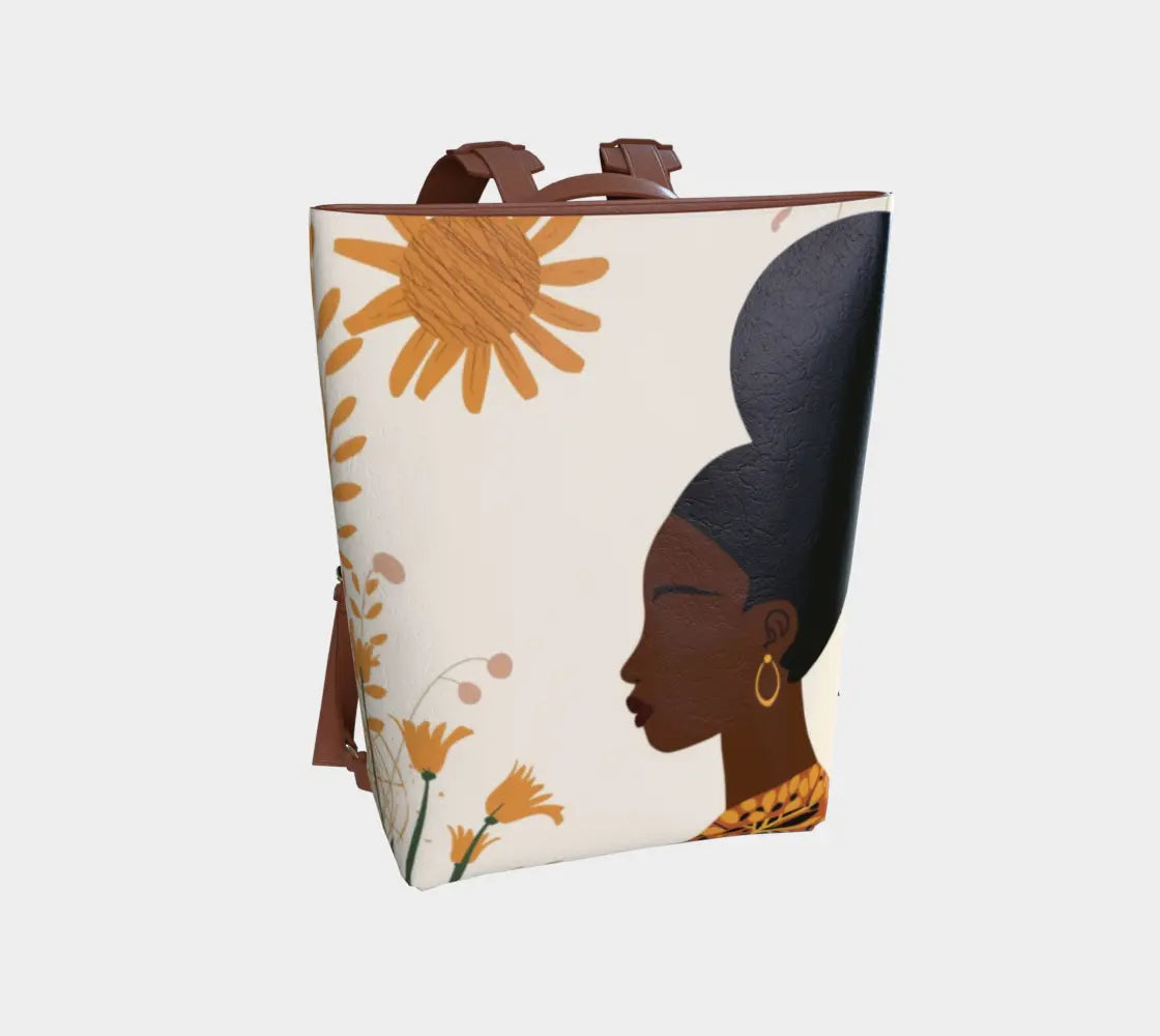 Black Woman Sunflower Vegan Leather Backpack – Afrocentric Luxury Bag for Empowered Queens Grown Black Glorious