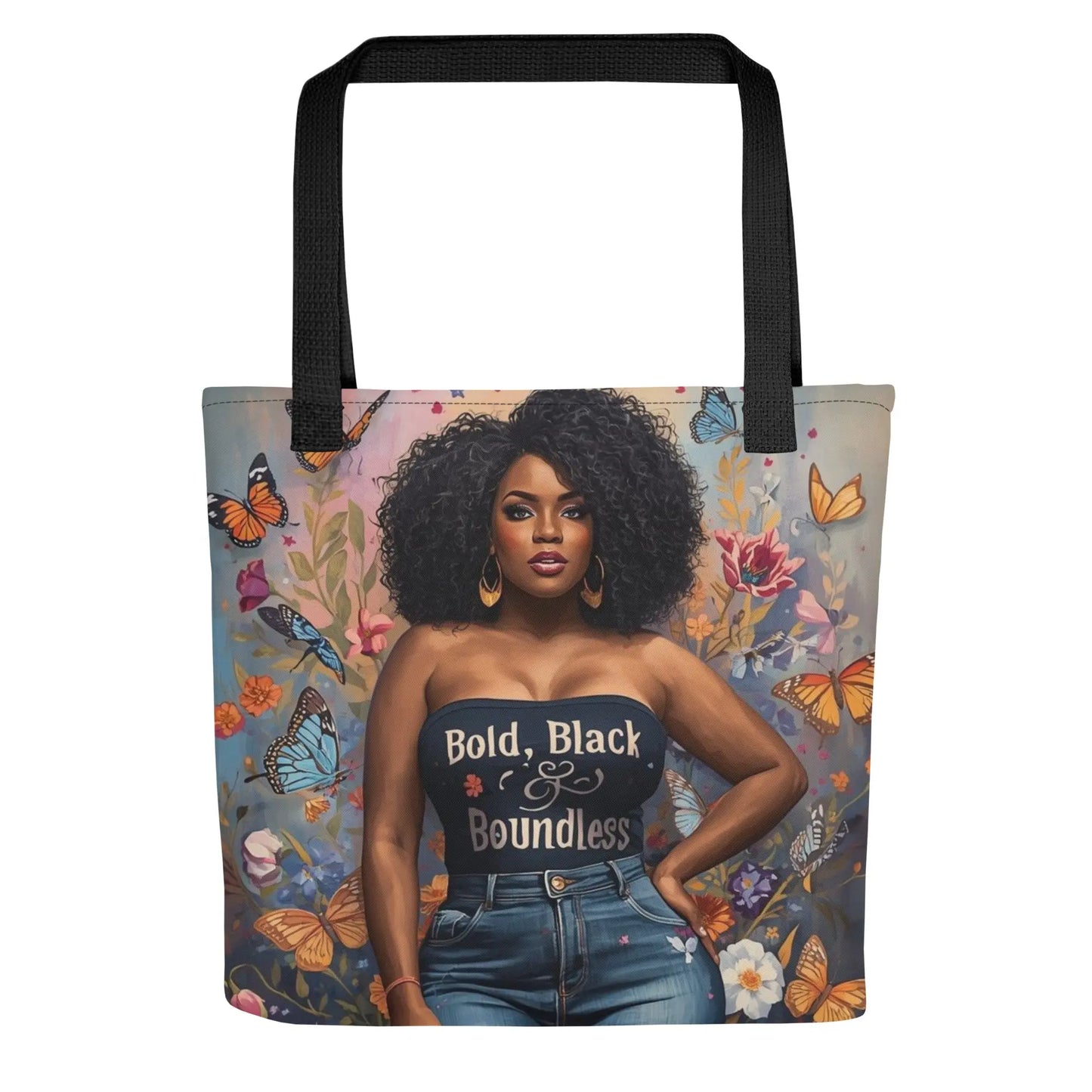 Bold, Black & Boundless empowerment tote celebrating melanin beauty and feminine strength.