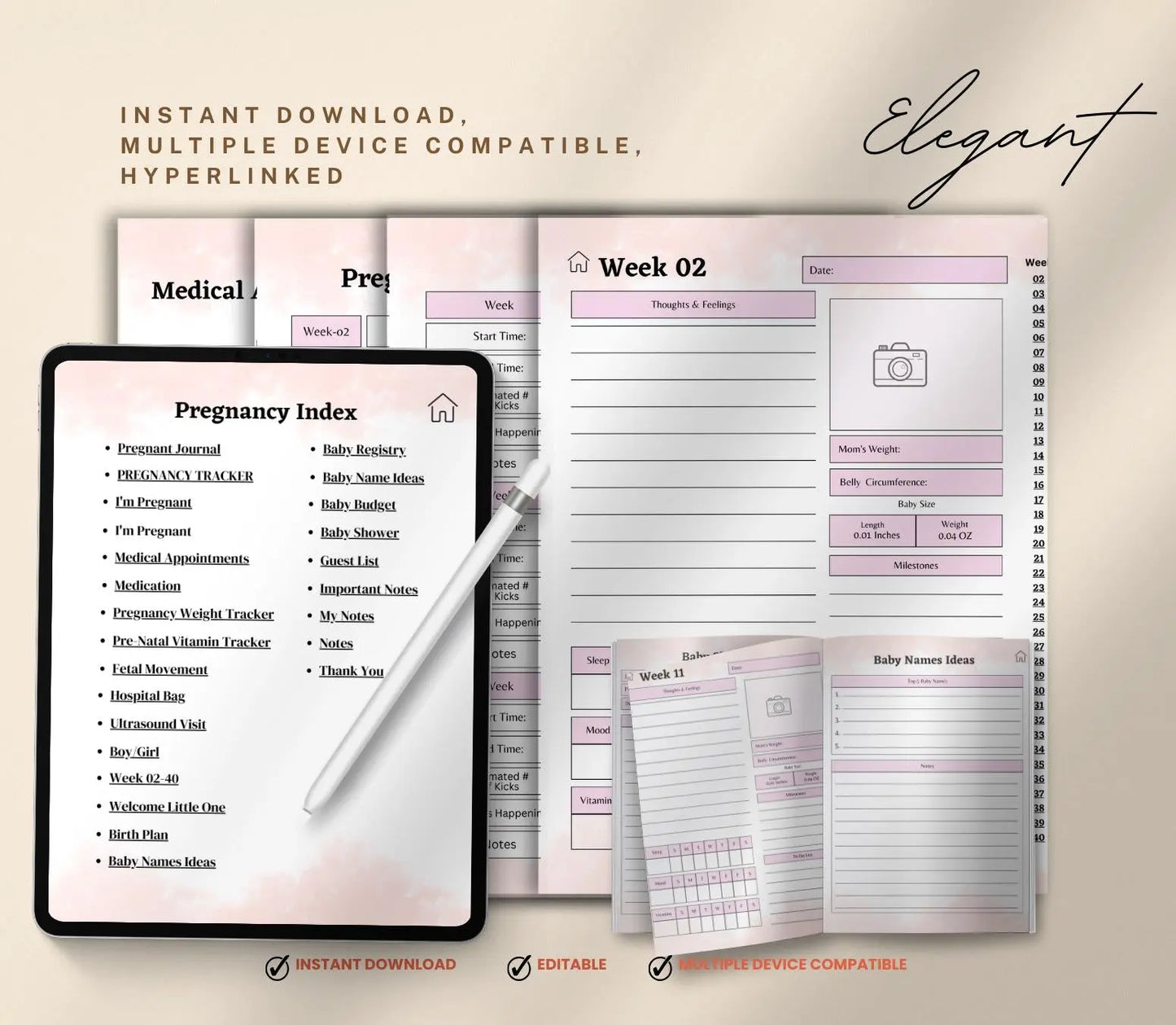Digital Pregnancy Journal & Tracker: Weekly Symptom Log, Printable PDF Grown Black Glorious
