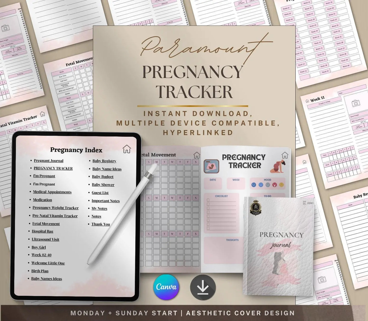 Digital Pregnancy Journal & Tracker: Weekly Symptom Log, Printable PDF Grown Black Glorious
