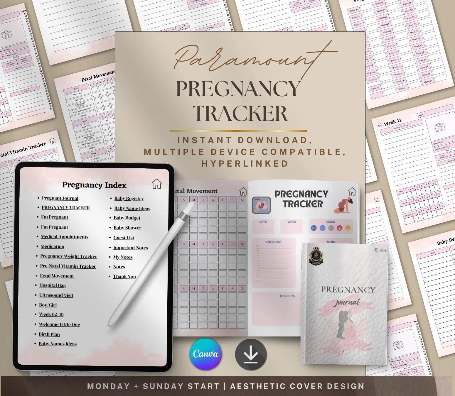 Digital Pregnancy Journal & Tracker: Weekly Symptom Log, Printable PDF Grown Black Glorious