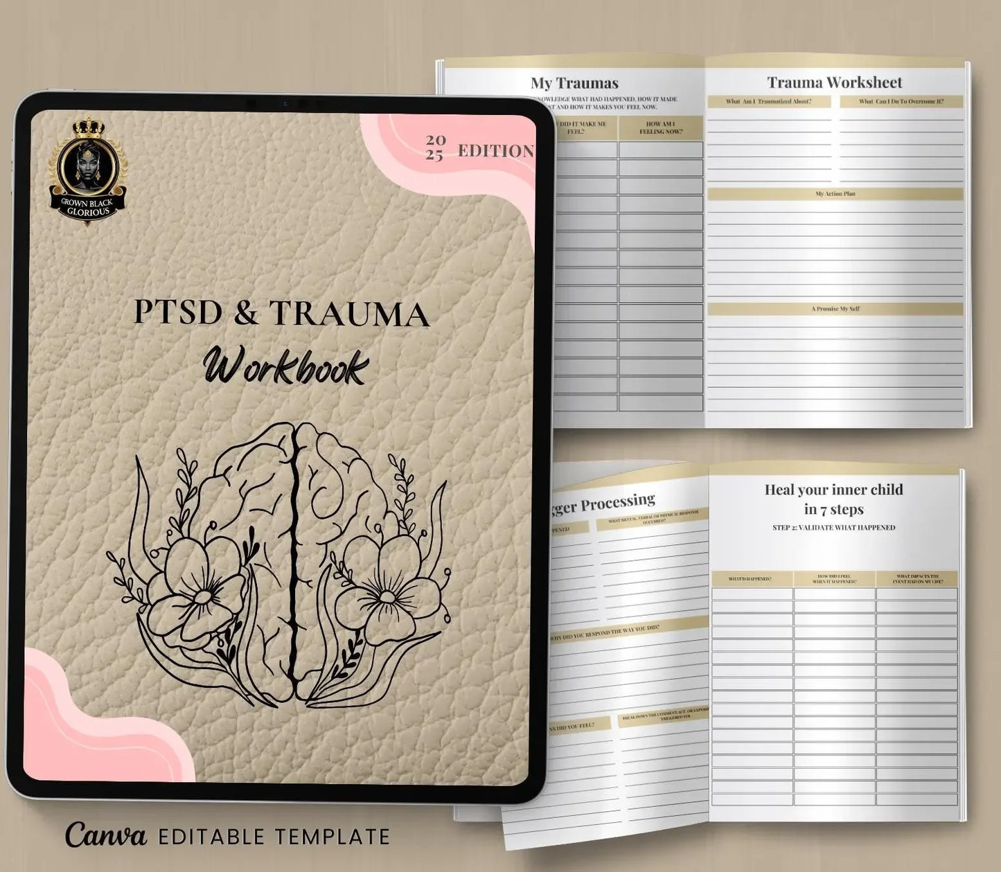 PTSD Trauma Healing Workbook: Coping Skills, Therapy Journal (Printable PDF & Canva) Grown Black Glorious