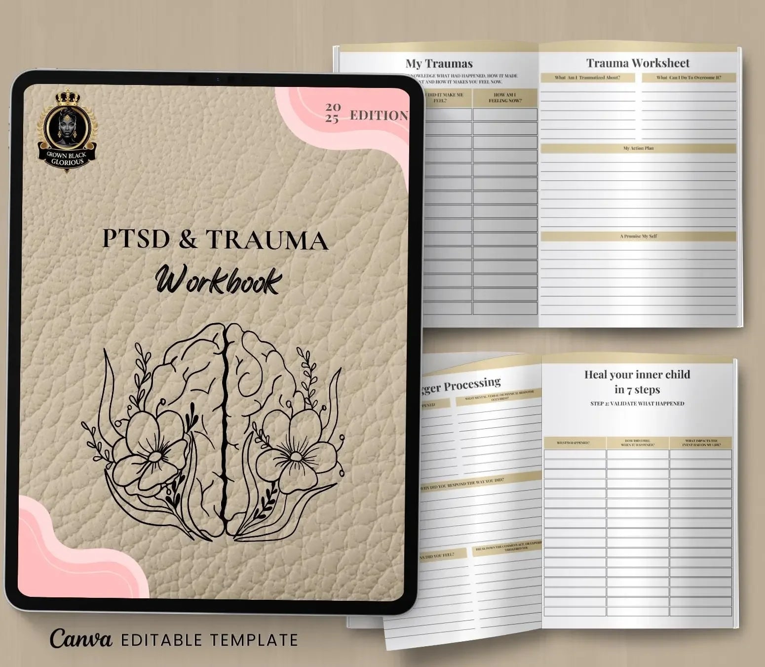 PTSD Trauma Healing Workbook: Coping Skills, Therapy Journal (Printable PDF & Canva) Grown Black Glorious