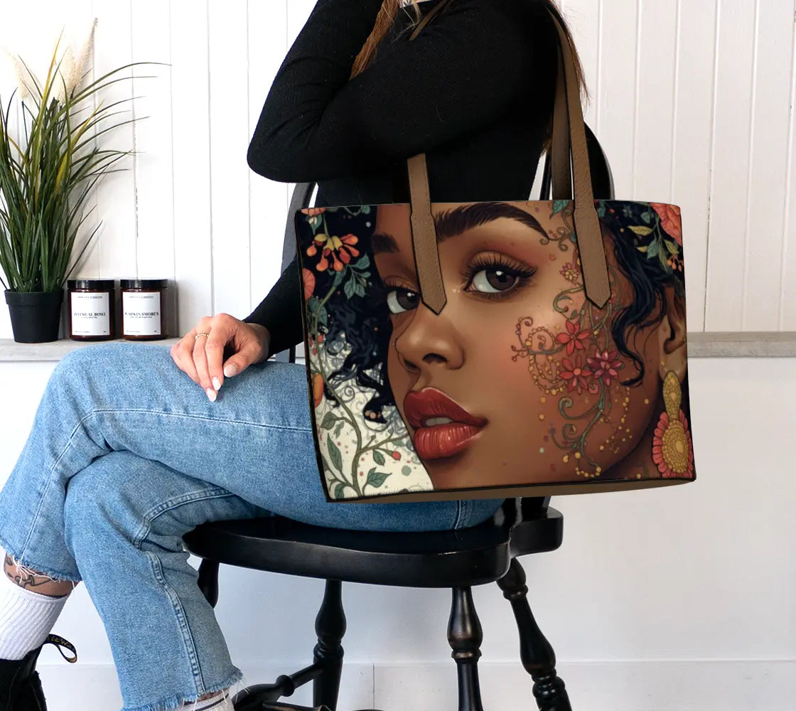 Black Woman Vegan Leather Tote Bag – Afrocentric Art Statement Piece Celebrating Black Beauty, Pride & Empowerment Grown Black Glorious